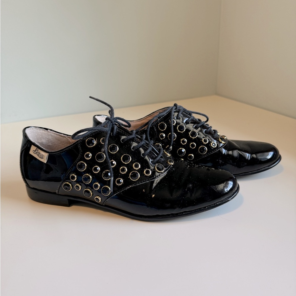 Rachel Antonoff Black Patent Lace-Up Oxfords with Gold Eyelets